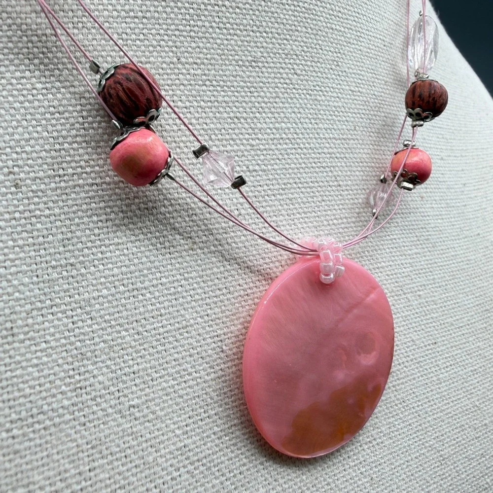 Pink Shell Disc Pendant Beaded Necklace Boho Statement Cottagecore Festival Gift